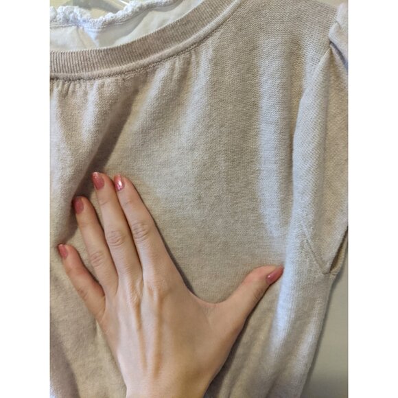 Vintage Y2K Ribbed Knit Ruffle Lace V-Neck Top Beige Tie Academia Office School - Picture 9 of 10